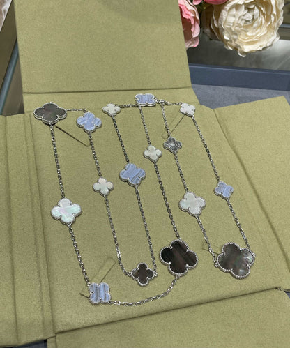 [LORA]CLOVER 16 MOTIF CHALCEDONY MOP SILVER NECKLACE