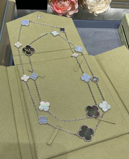 [LORA]CLOVER 16 MOTIF CHALCEDONY MOP SILVER NECKLACE