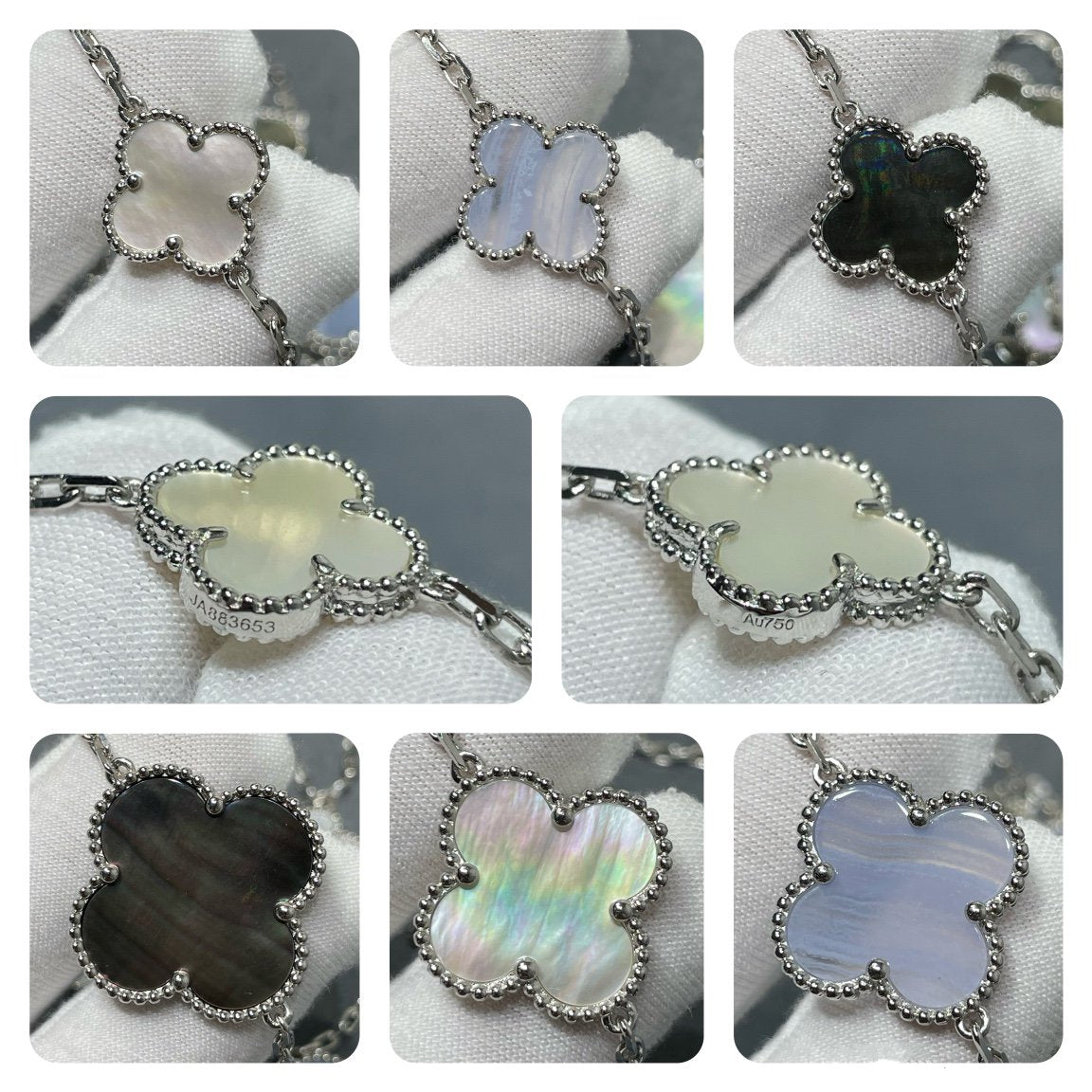 [LORA]CLOVER 16 MOTIF CHALCEDONY MOP SILVER NECKLACE