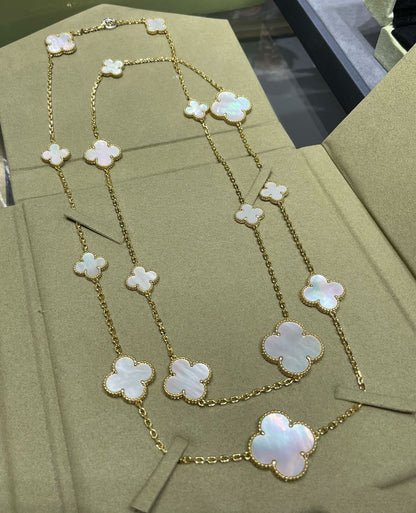 [LORA]CLOVER 16 MOTIF WHITE MOP GOLD NECKLACE