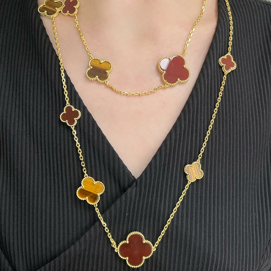 [LORA]CLOVER 16 MOTIF CARNELIAN TIGER EYE ROSE GOLD NECKLACE