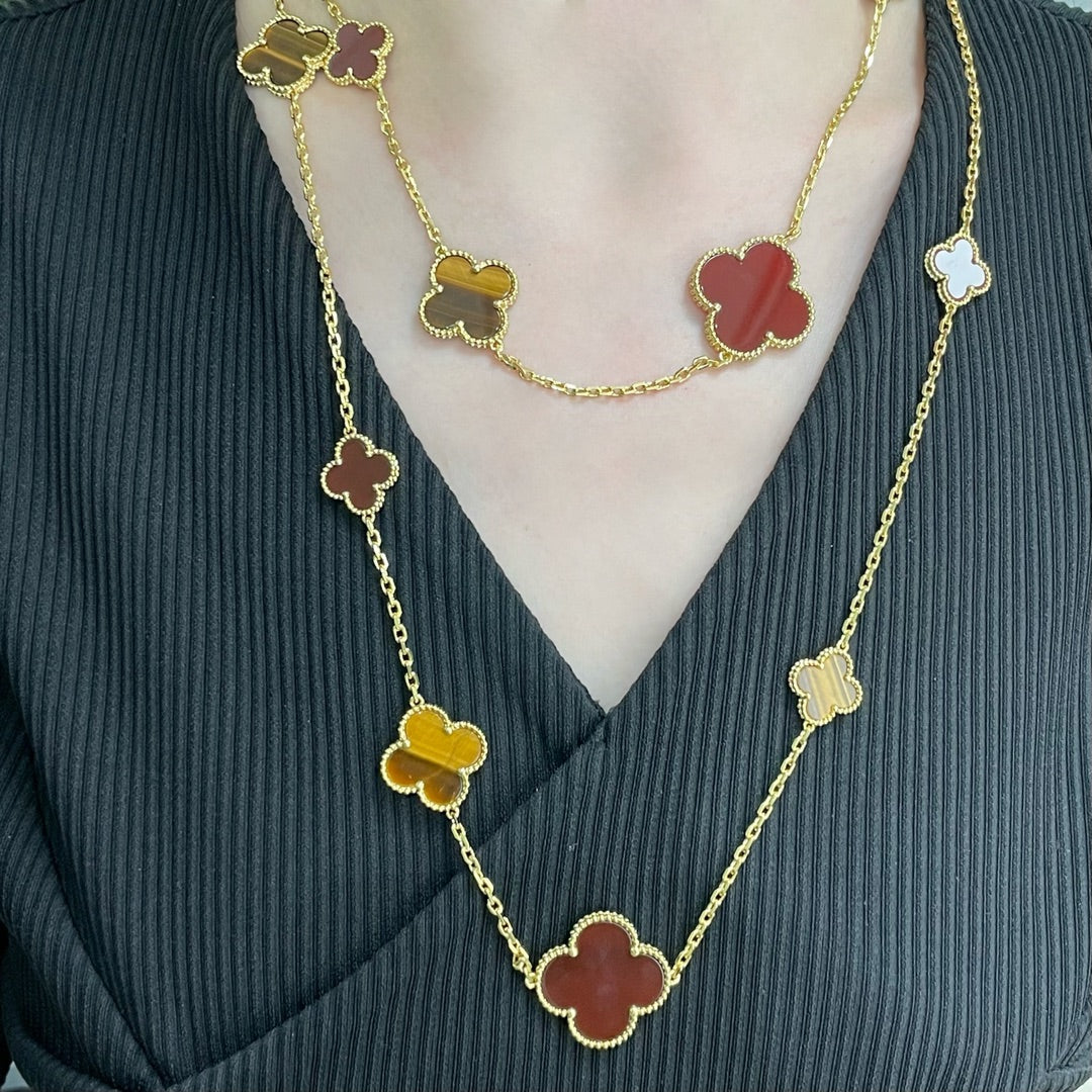 [LORA]CLOVER 16 MOTIF CARNELIAN TIGER EYE ROSE GOLD NECKLACE