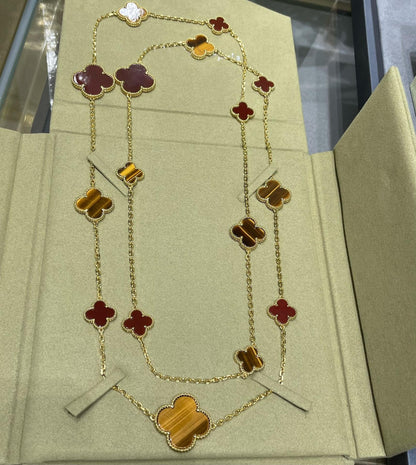 [LORA]CLOVER 16 MOTIF CARNELIAN TIGER EYE ROSE GOLD NECKLACE