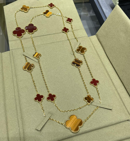 [LORA]CLOVER 16 MOTIF CARNELIAN TIGER EYE ROSE GOLD NECKLACE