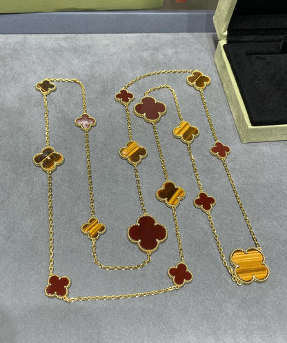 [LORA]CLOVER 16 MOTIF CARNELIAN TIGER EYE ROSE GOLD NECKLACE