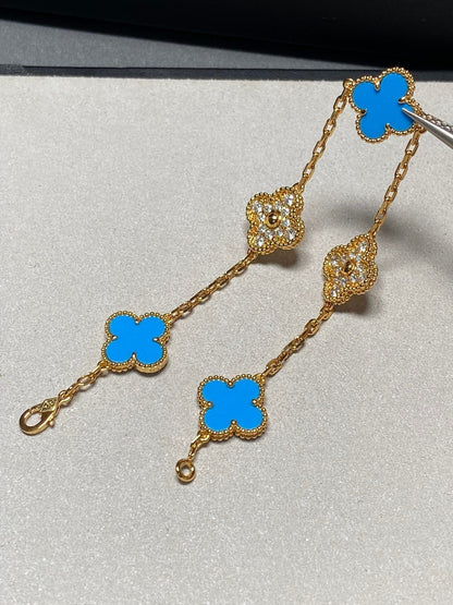 [LORA]CLOVER 5 MOTIF BLUE CHALCEDONY DIAMOND GOLD BRACELET