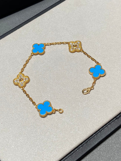 [LORA]CLOVER 5 MOTIF BLUE CHALCEDONY DIAMOND GOLD BRACELET