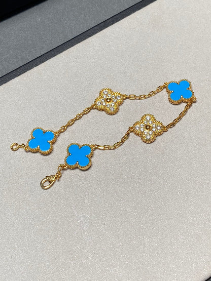 [LORA]CLOVER 5 MOTIF BLUE CHALCEDONY DIAMOND GOLD BRACELET
