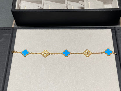 [LORA]CLOVER 5 MOTIF BLUE CHALCEDONY DIAMOND GOLD BRACELET