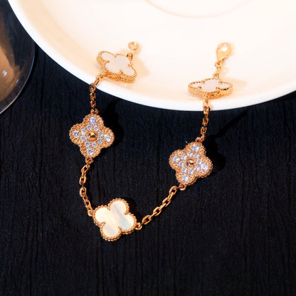 [LORA]CLOVER BRACELET 5 MOTIF WHITE MOP DIAMOND