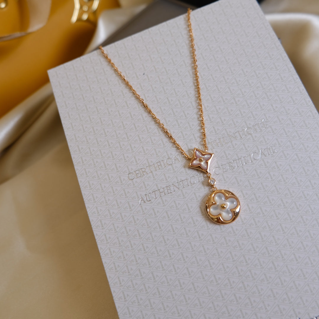 [LORA]STAR AND SUN WHITE MOP 2 MOTIF PINK GOLD NECKLACE