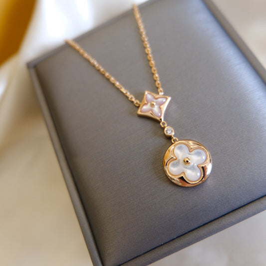 [LORA]STAR AND SUN WHITE MOP 2 MOTIF PINK GOLD NECKLACE