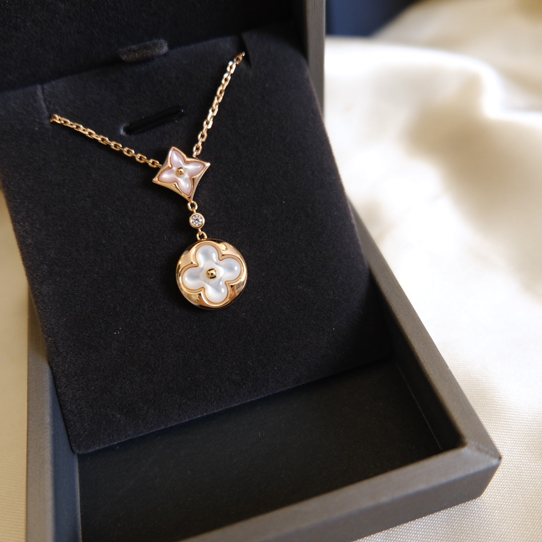 [LORA]STAR AND SUN WHITE MOP 2 MOTIF PINK GOLD NECKLACE