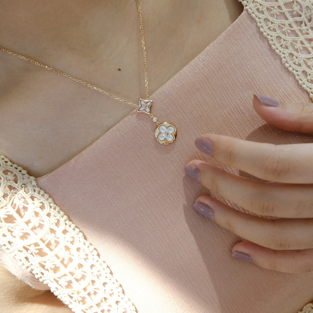 [LORA]STAR AND SUN WHITE MOP 2 MOTIF PINK GOLD NECKLACE