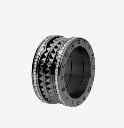 [LORA]ZERO 1 ROCK FOUR-BAND BLACK CERAMIC WITH STUDDED SPIRAL AND PAVED DIAMONDS RING