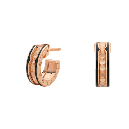 [LORA]ZERO 1 ROCK PINK GOLD EARRINGS WITH STUDDED SPIRAL AND BLACK CERAMIC
