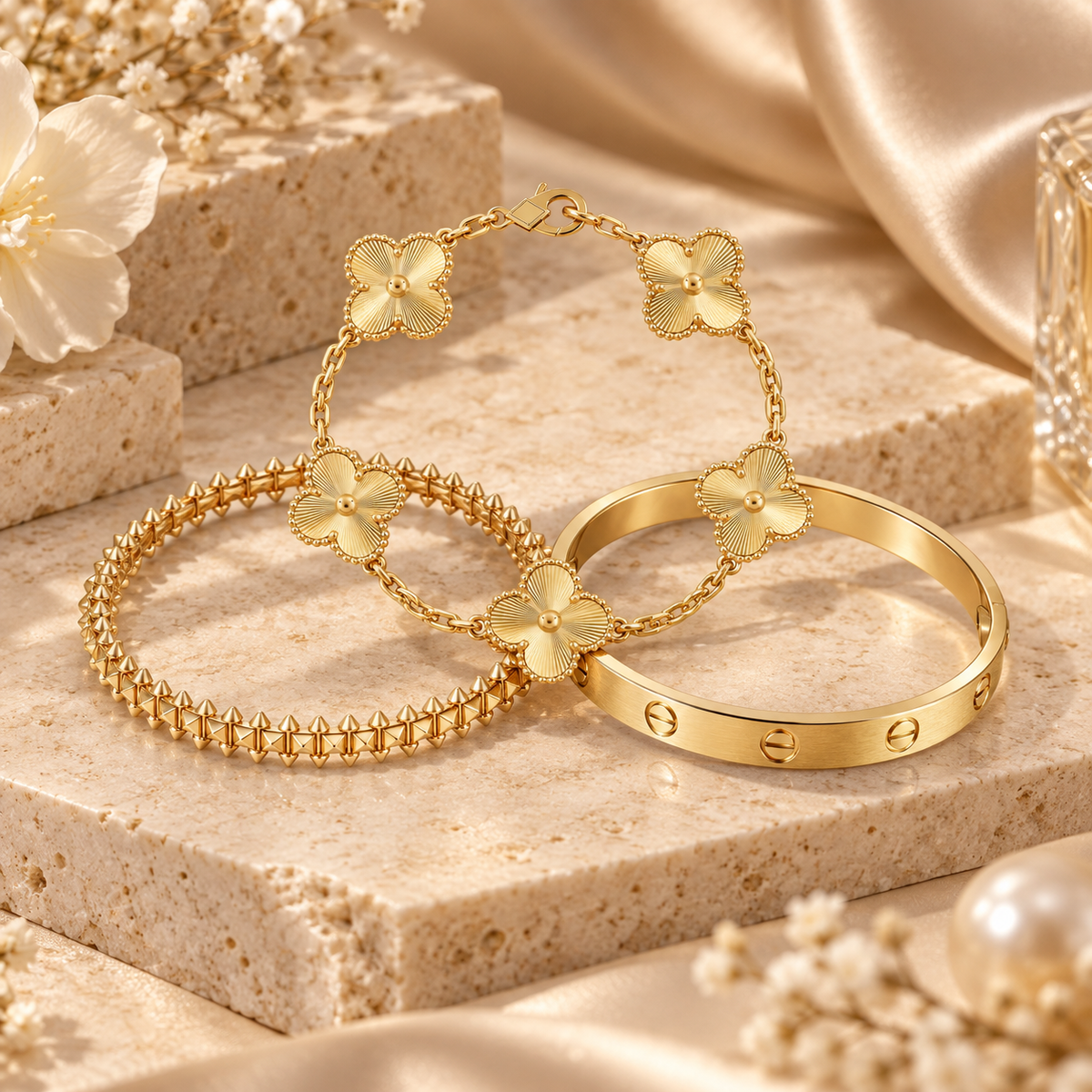 [Lora] CLASH & Clover Laser 5-Motif & LOVE Brushed Bracelet Stack Set