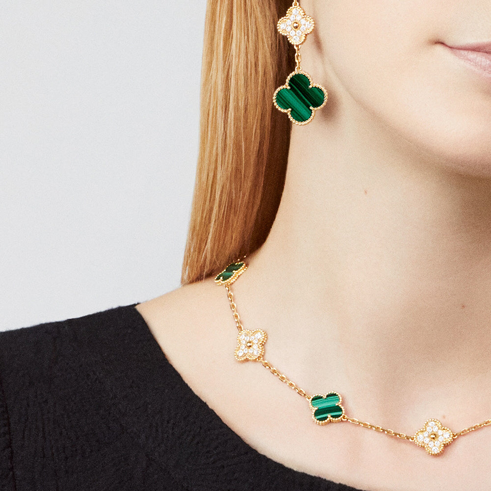 [Lora]CLOVER 10 MOTIFS MALACHITE DIAMOND NECKLACE