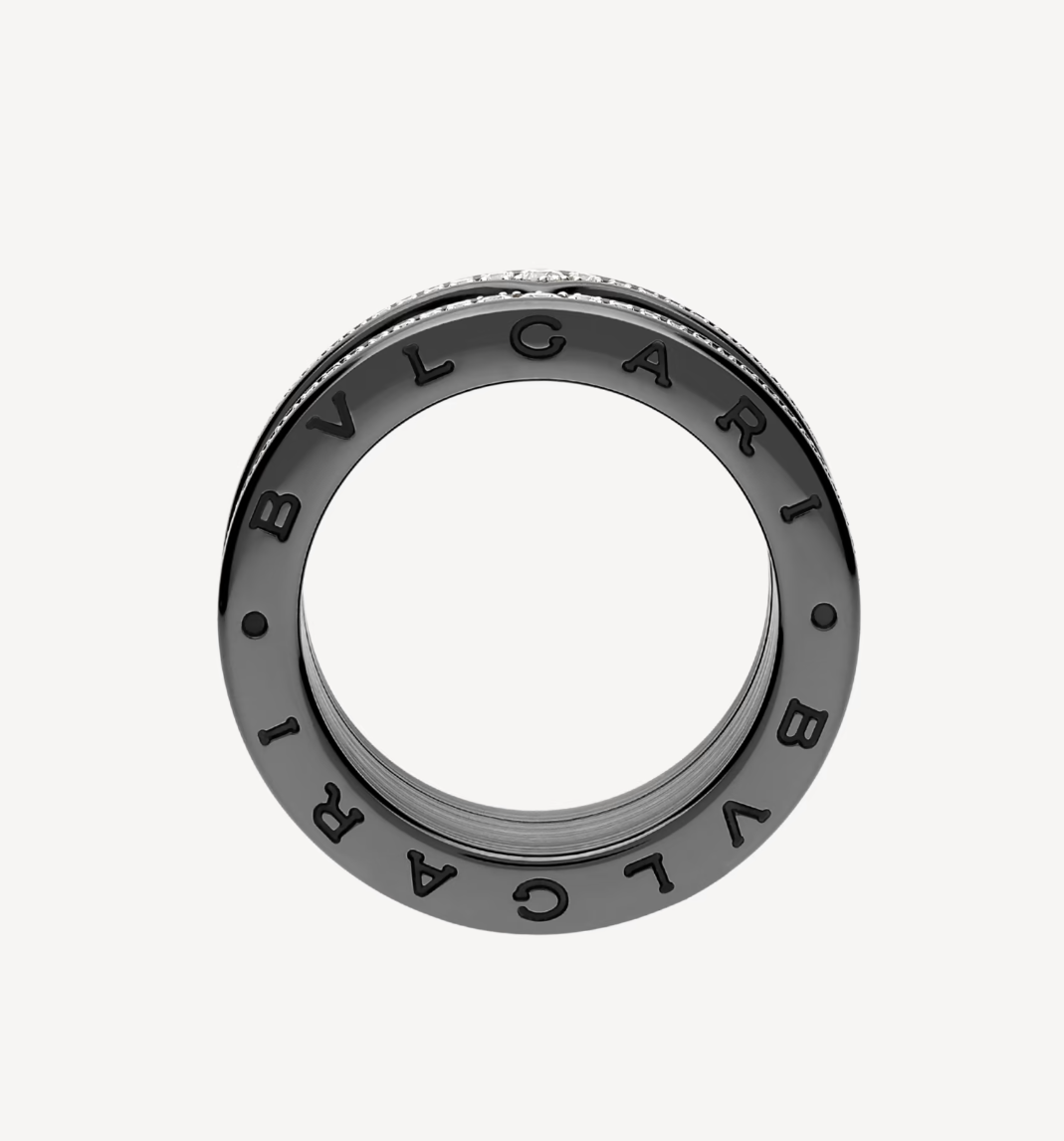 [LORA]ZERO 1 ROCK FOUR-BAND BLACK CERAMIC WITH STUDDED SPIRAL AND PAVED DIAMONDS RING