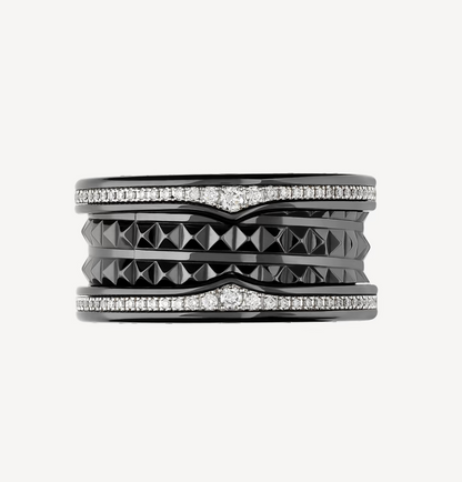 [LORA]ZERO 1 ROCK FOUR-BAND BLACK CERAMIC WITH STUDDED SPIRAL AND PAVED DIAMONDS RING