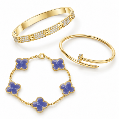 [Lora] LOVE & JUSTE & Blue Veins Clover 5-Motif Diamond Bracelet Stack Set