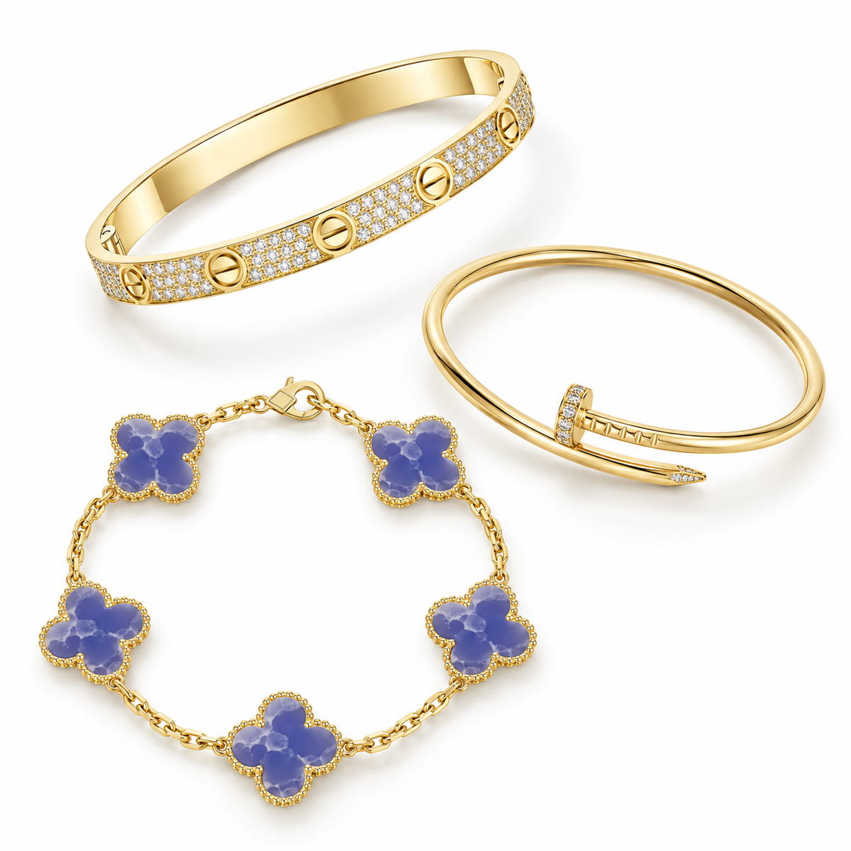[Lora] LOVE & JUSTE & Blue Veins Clover 5-Motif Diamond Bracelet Stack Set