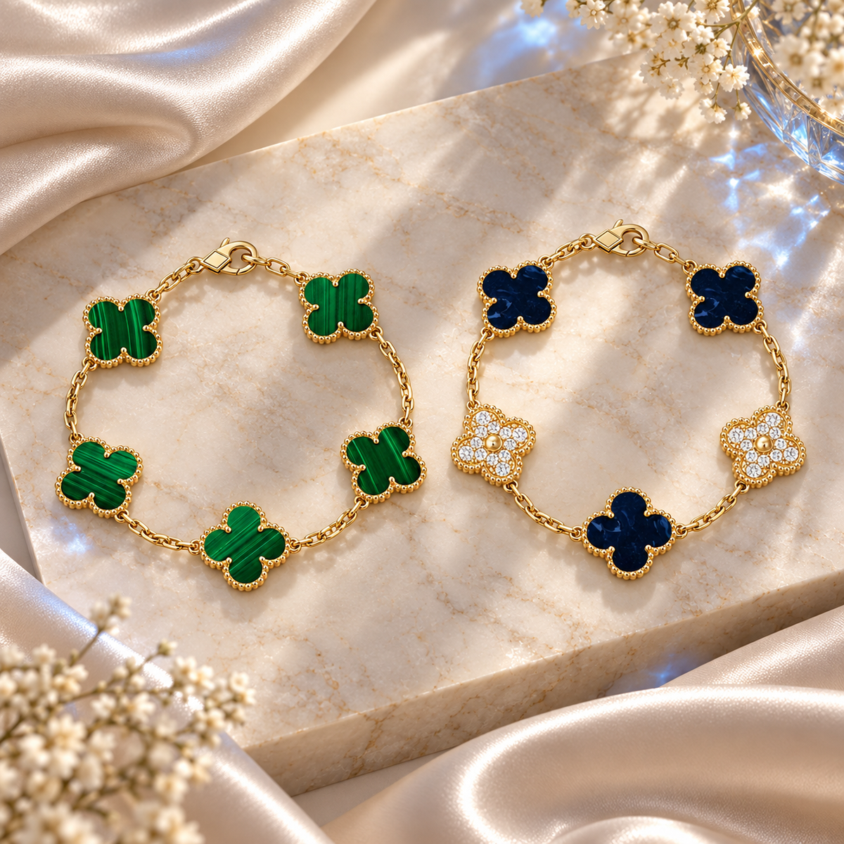 [Lora]Clover 5-Motif Malachite & Pietersite Bracelet Stack Set
