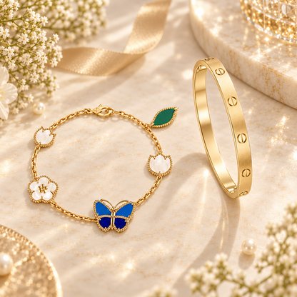 [Lora] LOVE Brushed & Lucky Spring Butterfly 5-Motif Bracelet Stack Set