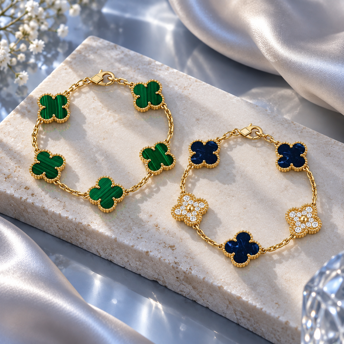 [Lora]Clover 5-Motif Malachite & Pietersite Bracelet Stack Set
