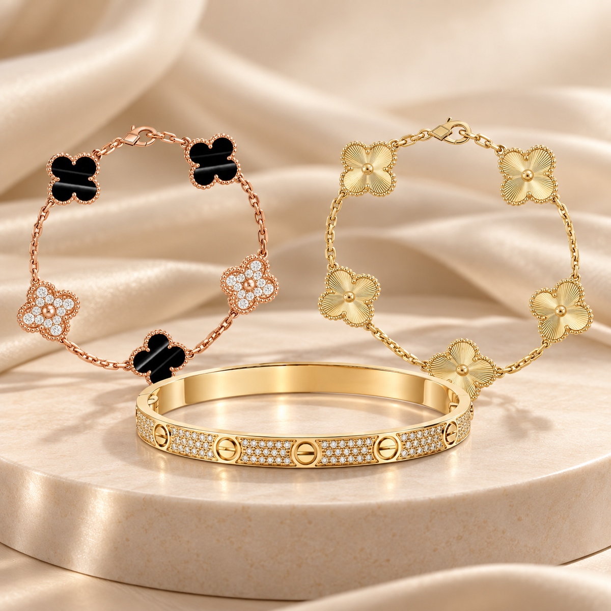 [Lora]Clover Laser  Pulsar Stone 5-Motif & LOVE Diamond-Paved Bracelet Stack Set