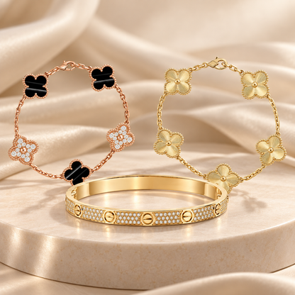 [Lora]Clover Laser  Pulsar Stone 5-Motif & LOVE Diamond-Paved Bracelet Stack Set