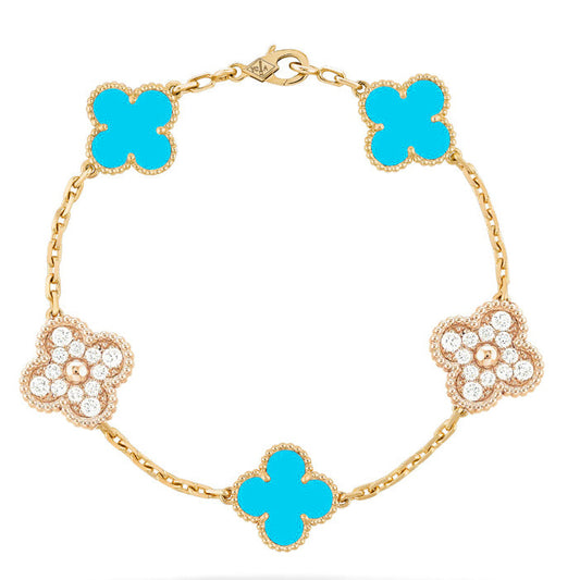 [LORA]CLOVER 5 MOTIF TURQUOISE DIAMOND GOLD BRACELET