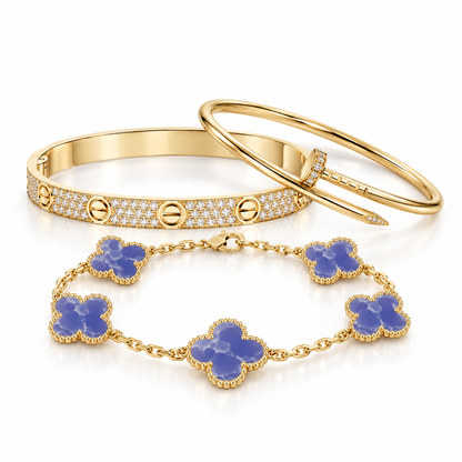 [Lora] LOVE & JUSTE & Blue Veins Clover 5-Motif Diamond Bracelet Stack Set