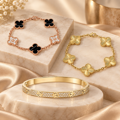 [Lora]Clover Laser  Pulsar Stone 5-Motif & LOVE Diamond-Paved Bracelet Stack Set