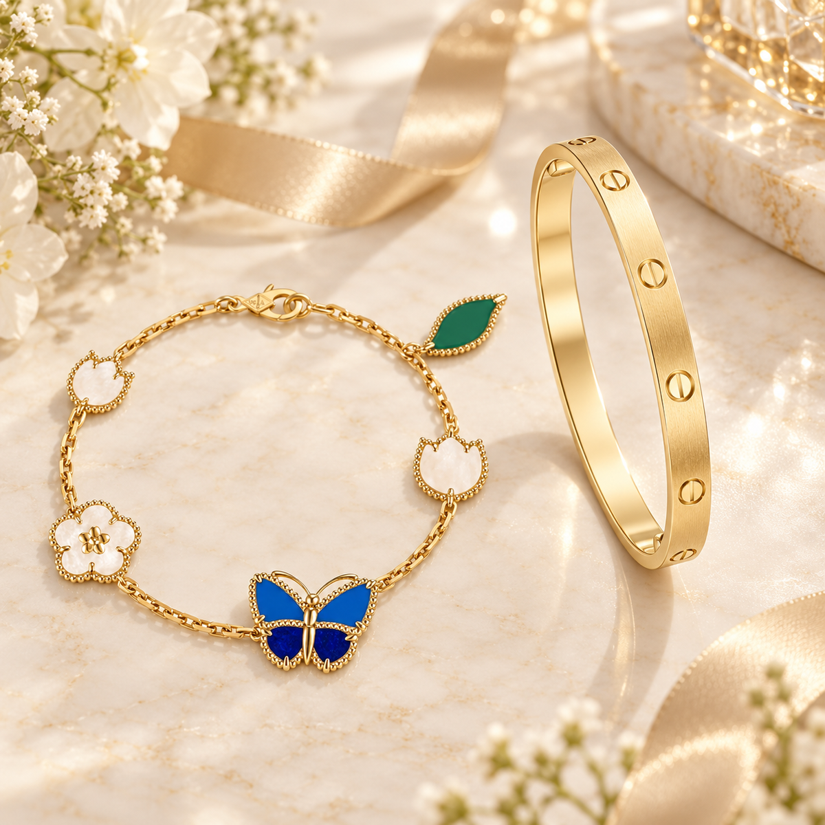 [Lora] LOVE Brushed & Lucky Spring Butterfly 5-Motif Bracelet Stack Set