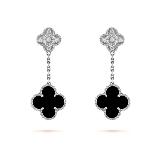 [LORA]CLOVER 2 MOTIFS  DIAMOND ONYX EARRINGS SILVER