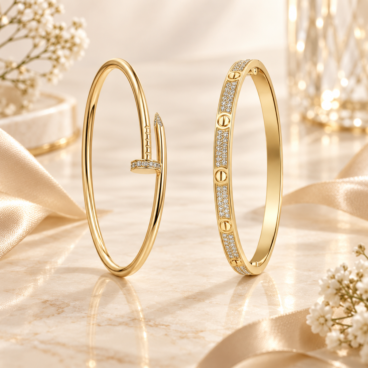 [Lora] JUSTE Diamond & LOVE Diamond-Paved Bracelet Stack Set