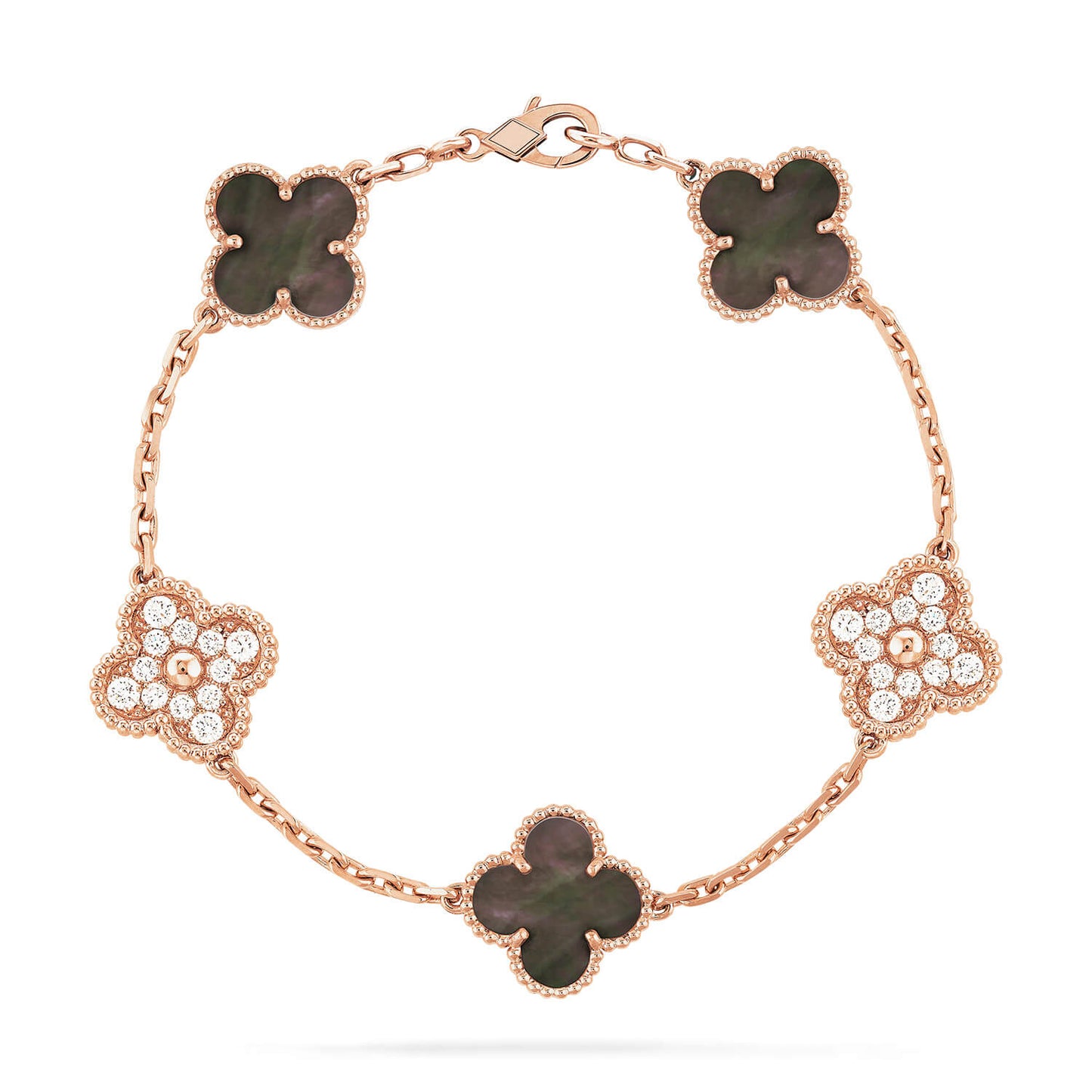 [LORA]CLOVER 5 MOTIFS DARK MOP AND DIAMONDS PINK GOLD BRACELET