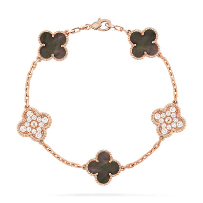 [LORA]CLOVER 5 MOTIFS DARK MOP AND DIAMONDS PINK GOLD BRACELET