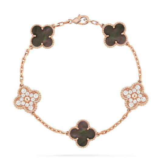 [LORA]CLOVER 5 MOTIFS DARK MOP AND DIAMONDS PINK GOLD BRACELET