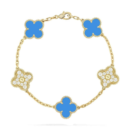 [LORA]CLOVER 5 MOTIF BLUE CHALCEDONY DIAMOND GOLD BRACELET