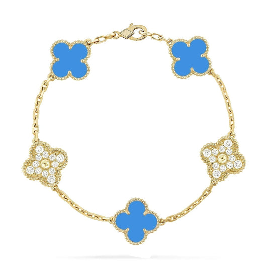 [LORA]CLOVER 5 MOTIF BLUE CHALCEDONY DIAMOND GOLD BRACELET