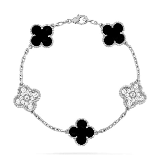 [LORA]CLOVER 5 MOTIF ONYXS DIAMOND BRACELET SILVER