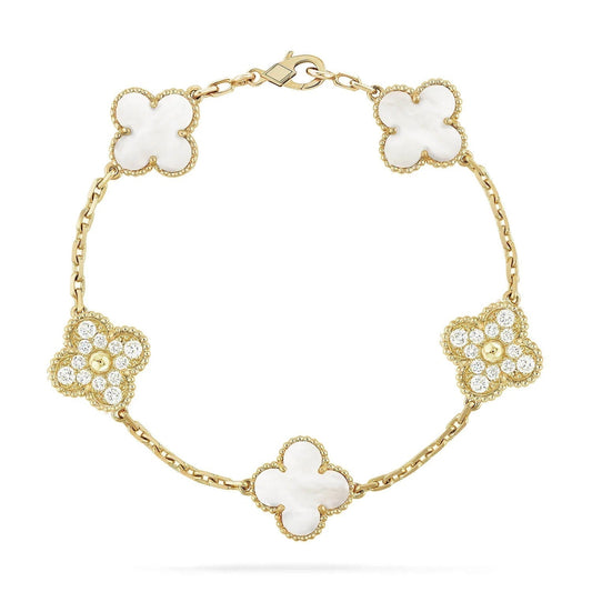 [LORA]CLOVER BRACELET 5 MOTIF WHITE MOP DIAMOND