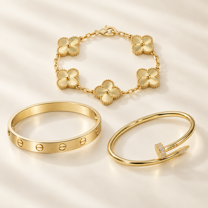 [Lora] Clover & Love & Juste 3-Piece Gold Bracelet Stack Set