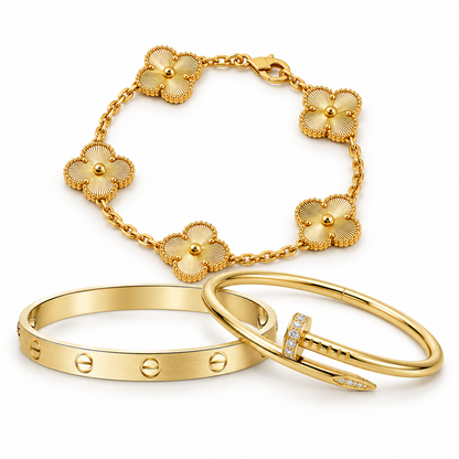 [Lora] Clover & Love & Juste 3-Piece Gold Bracelet Stack Set