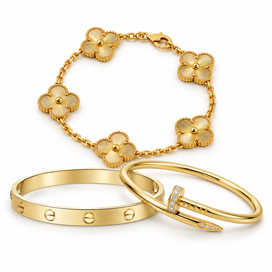[Lora] Clover & Love & Juste 3-Piece Gold Bracelet Stack Set