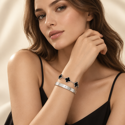 [Lora]Clover & Love Sliver 2-Piece Bracelet Stack Set