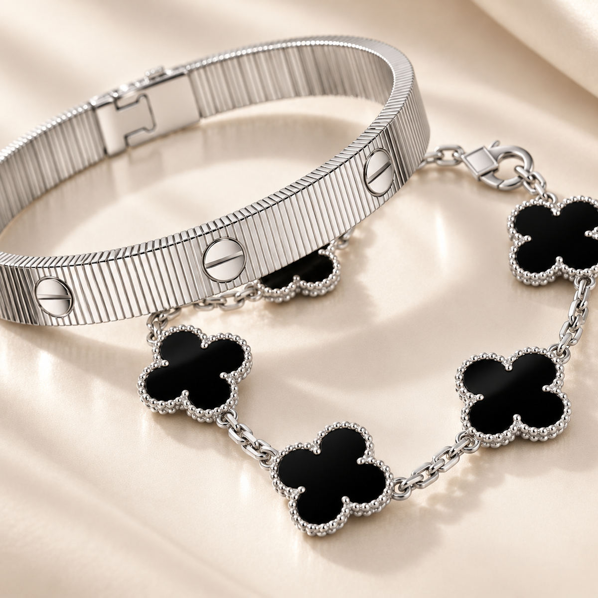 [Lora]Clover & Love Sliver 2-Piece Bracelet Stack Set