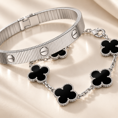[Lora]Clover & Love Sliver 2-Piece Bracelet Stack Set